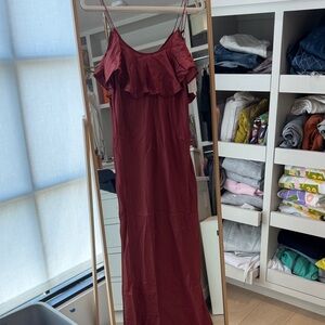 FARA Elegant Burgundy Ruffle Dress